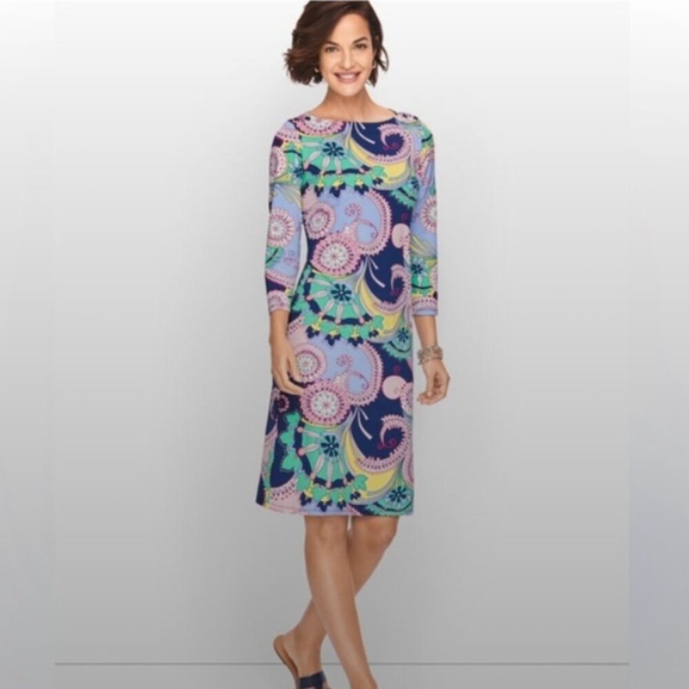 Talbots Jersey Shift Midi Dress Multicolor Spiral Paisley Print - Size M - Picture 2 of 8